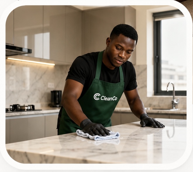 CleanCo professional polishing a kitchen surface